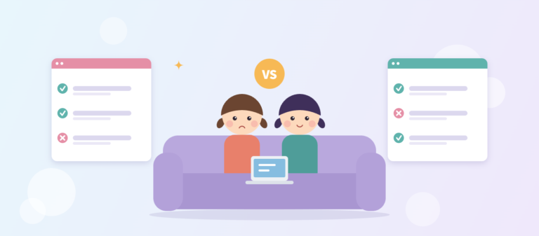 予約サイトを見比べながら、ソファで比較する姉妹のイラスト