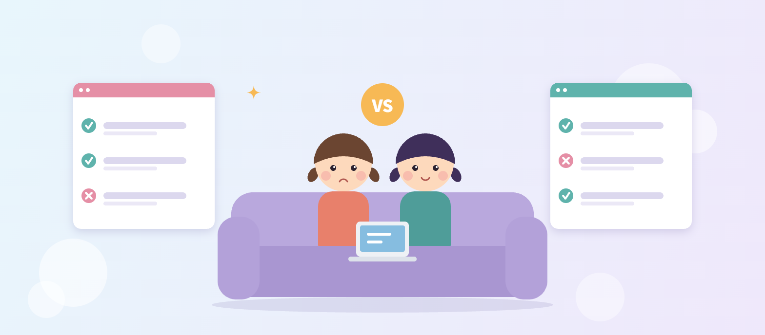 予約サイトを見比べながら、ソファで比較する姉妹のイラスト