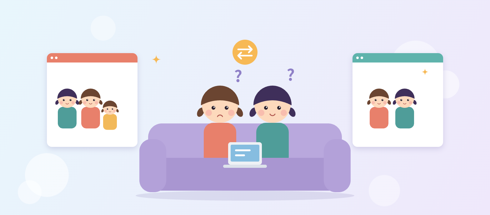 家族旅行と姉妹二人旅で予約サイトの使い分けを考える姉妹のイラスト