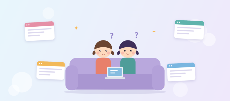 ソファでパソコンを見ながら、予約サイトの候補を並べて悩む姉妹のイラスト