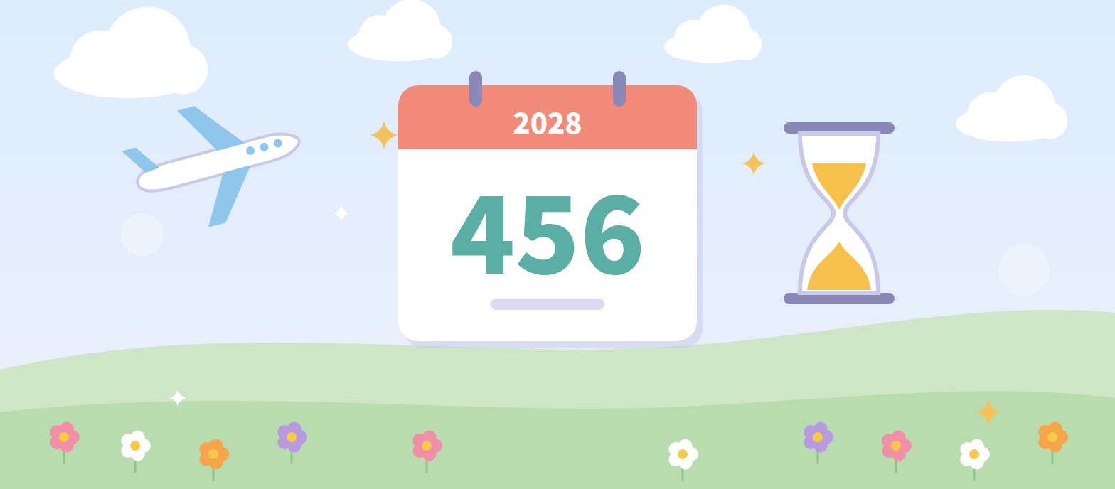 「2028」「456」と書かれたカレンダーと砂時計、飛行機のイラスト