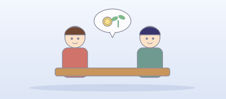 向かい合う夫婦と、コインと芽の吹き出しのイラスト