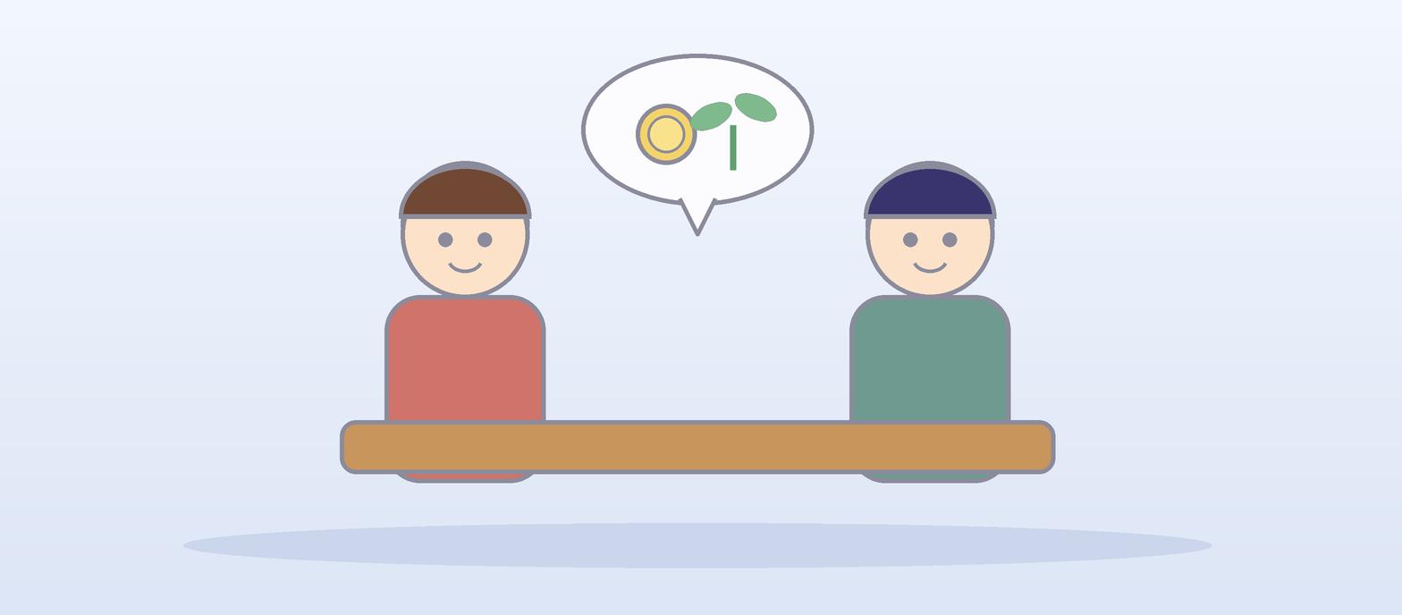 向かい合う夫婦と、コインと芽の吹き出しのイラスト