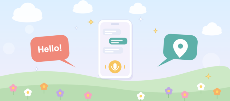 スマートフォンで英会話を練習する、Hello!の吹き出しと地図のピンのイラスト