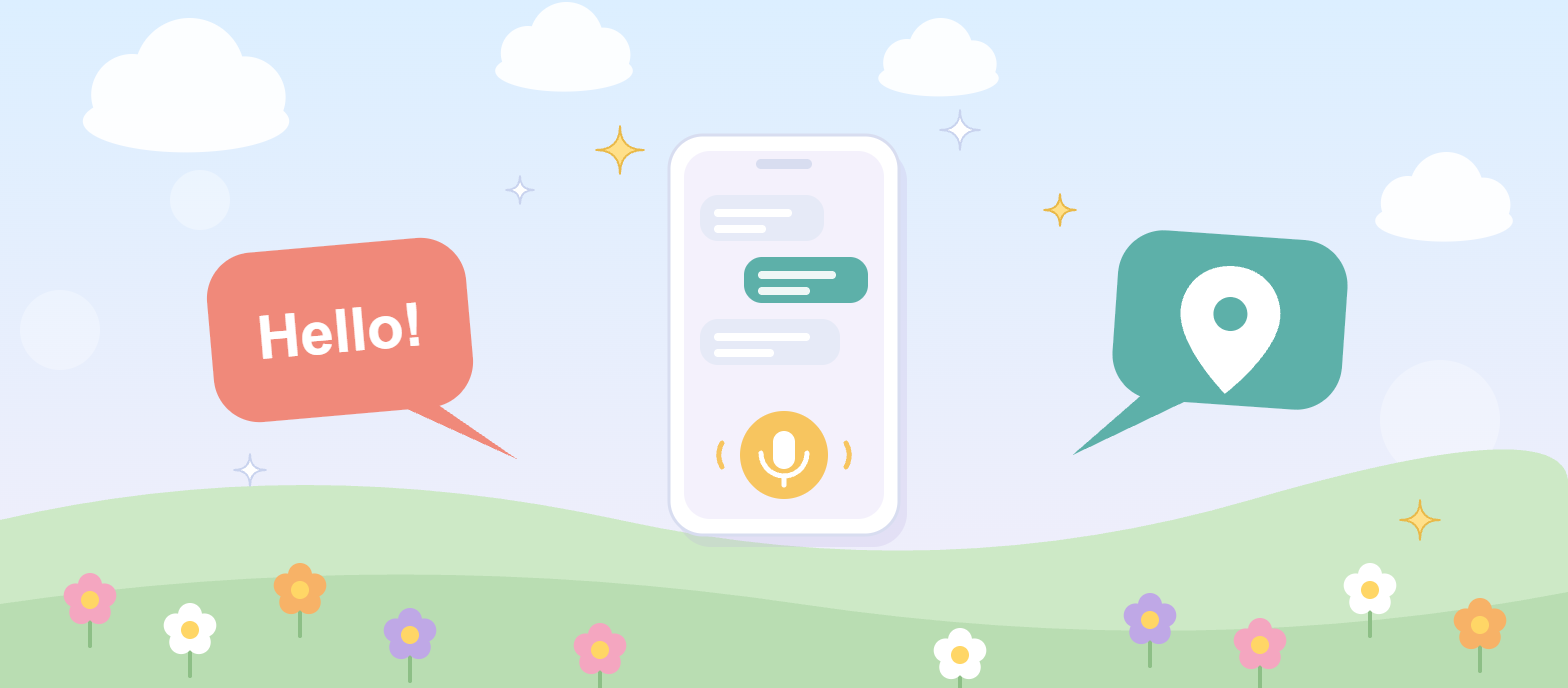 スマートフォンで英会話を練習する、Hello!の吹き出しと地図のピンのイラスト