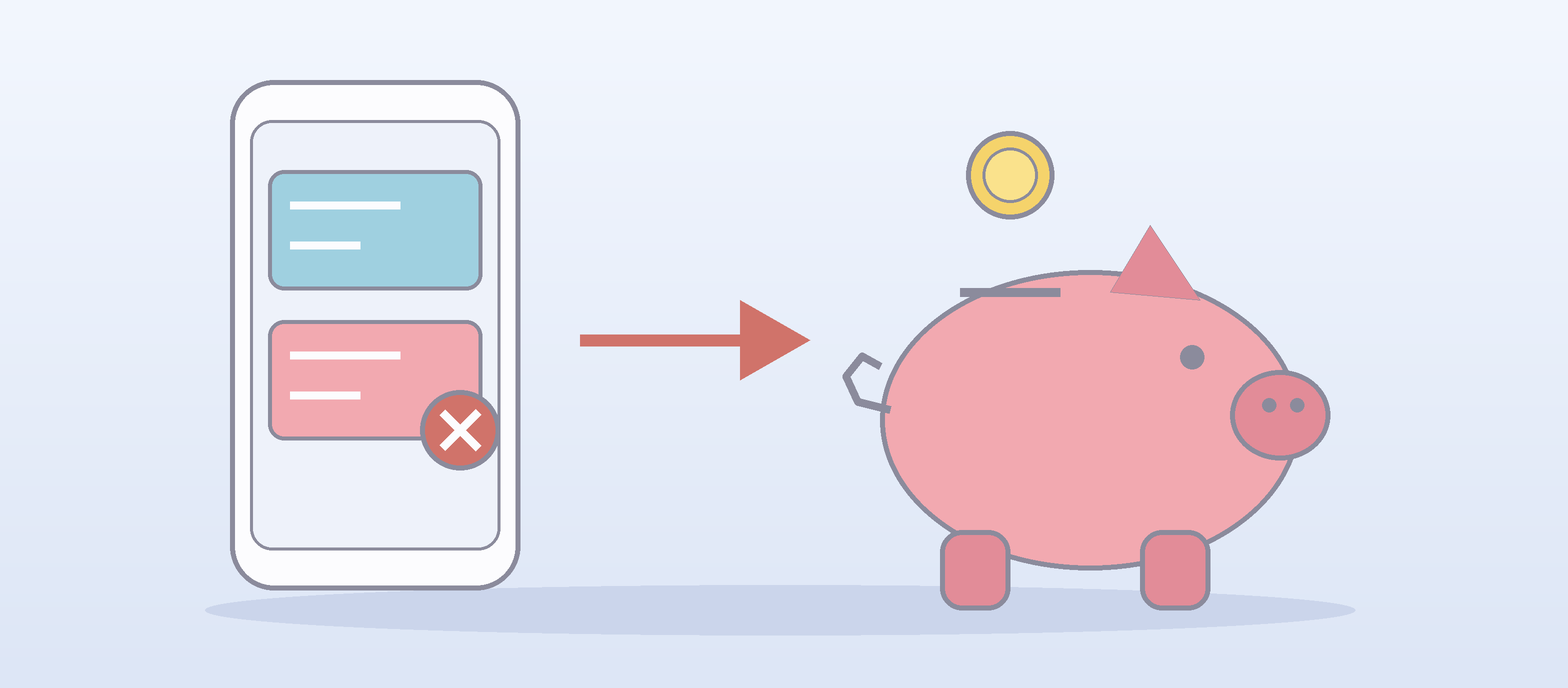 スマホのサブスクに×印、貯金箱へ向かう矢印のイラスト
