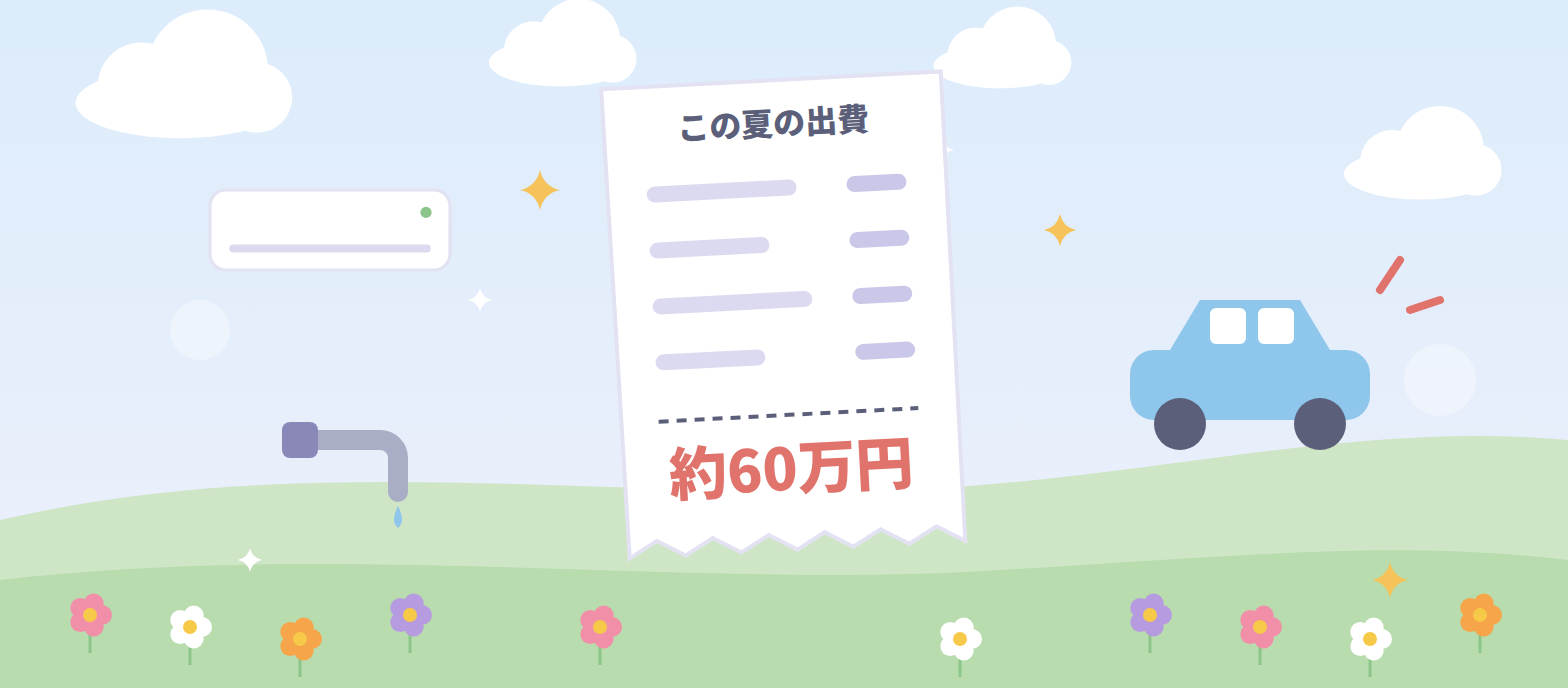 「この夏の出費 約60万円」と書かれたレシートと、エアコン・水道・車のイラスト