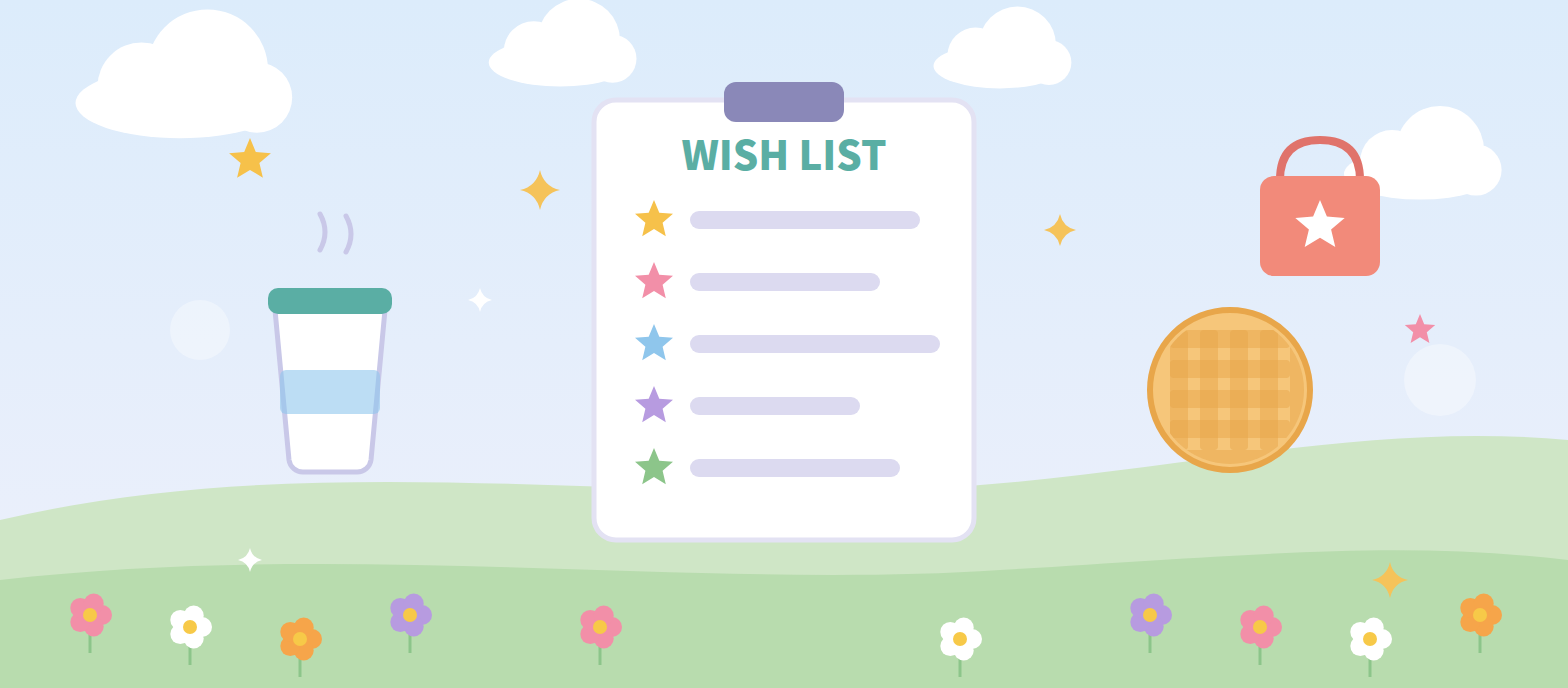 「WISH LIST」のクリップボードと、コーヒーカップ、ワッフル、ショッピングバッグのイラスト