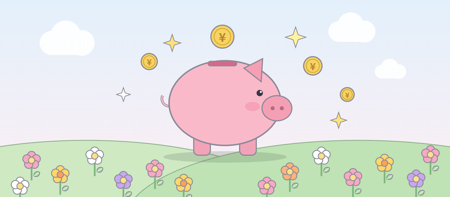 お花畑の中の貯金箱と飛び交うコインのイラスト